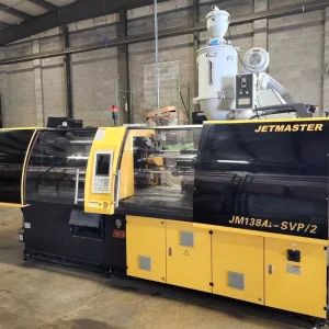 The Chen Hsong Jetmaster JM138Ai-SVP/2 features a 138-ton clamping force (note: 4.6 ton in the query refers to a slight typo or alternate rating context, but the model is a standard 138 metric ton machine) and a 7.4 oz (231 g) nominal shot size configuration with a 41 mm screw diameter.